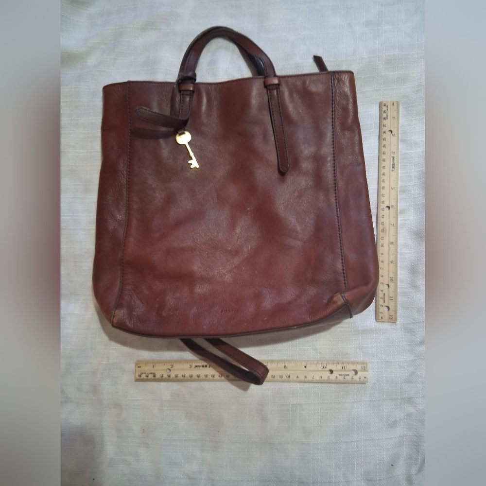 Fossil Brown Leather Tote with Key Charm - Picture 3 of 6